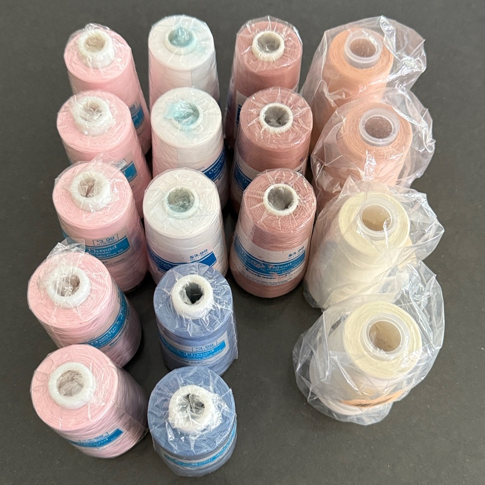 Overlock/Serger Thread 17 Cone/Spool Lot. Blue, Cream, Peach, Pinks, White - Picture 3 of 4